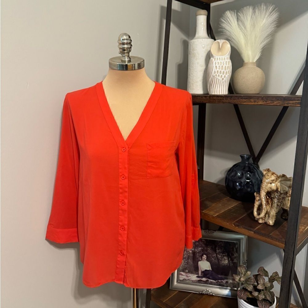 Alice & Olivia Colby Rolled Sleeve Draped Button Down Top Coral Red Women’s SM